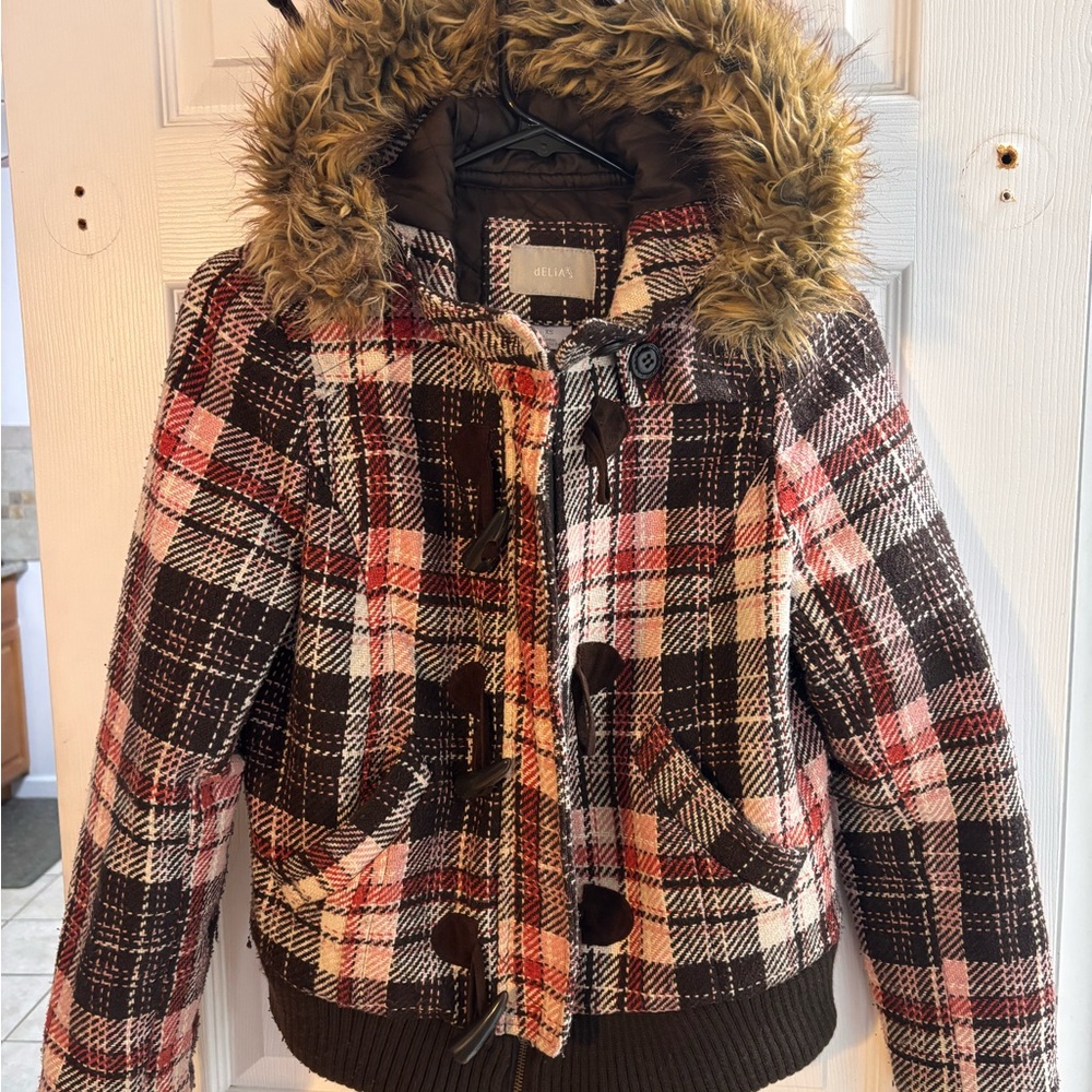dELiA*s Red and Black Puffer Jacket with Fur Hood